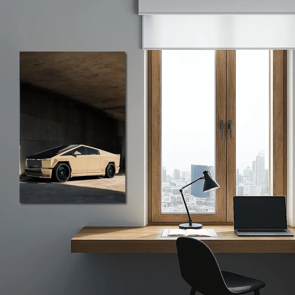 Tesla Cybertruck Beige Under Concrete Bridge – Wall Art