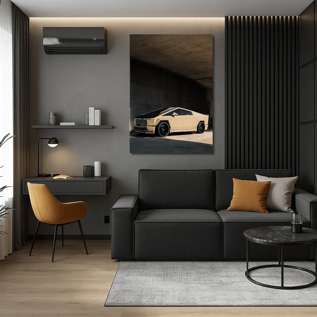 Tesla Cybertruck Beige Under Concrete Bridge – Wall Art