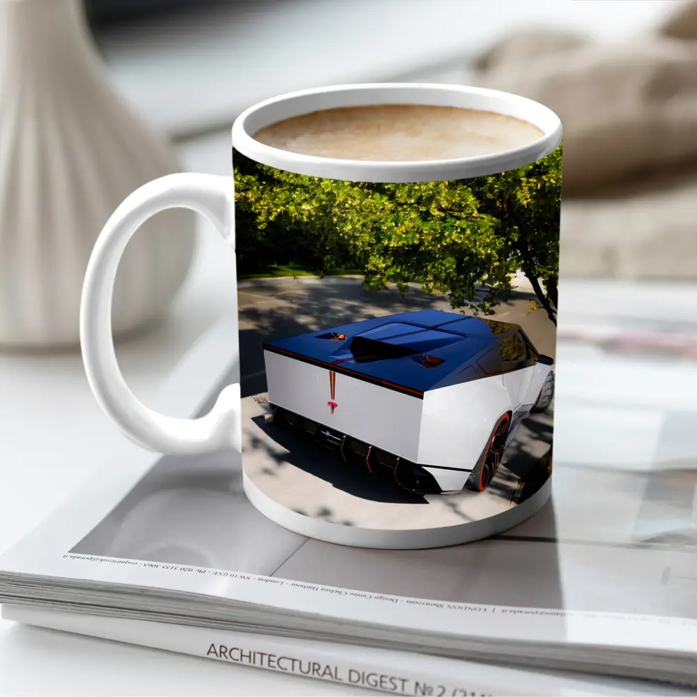 Tesla Cybertruck Parked Under Green Tree – Mugs