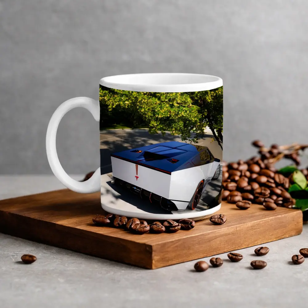 Tesla Cybertruck Parked Under Green Tree – Mugs