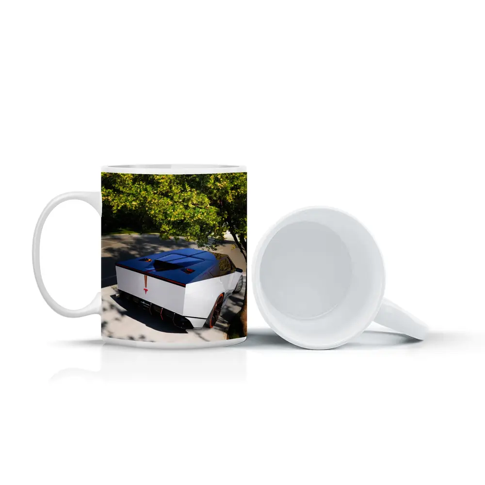 Tesla Cybertruck Parked Under Green Tree – Mugs