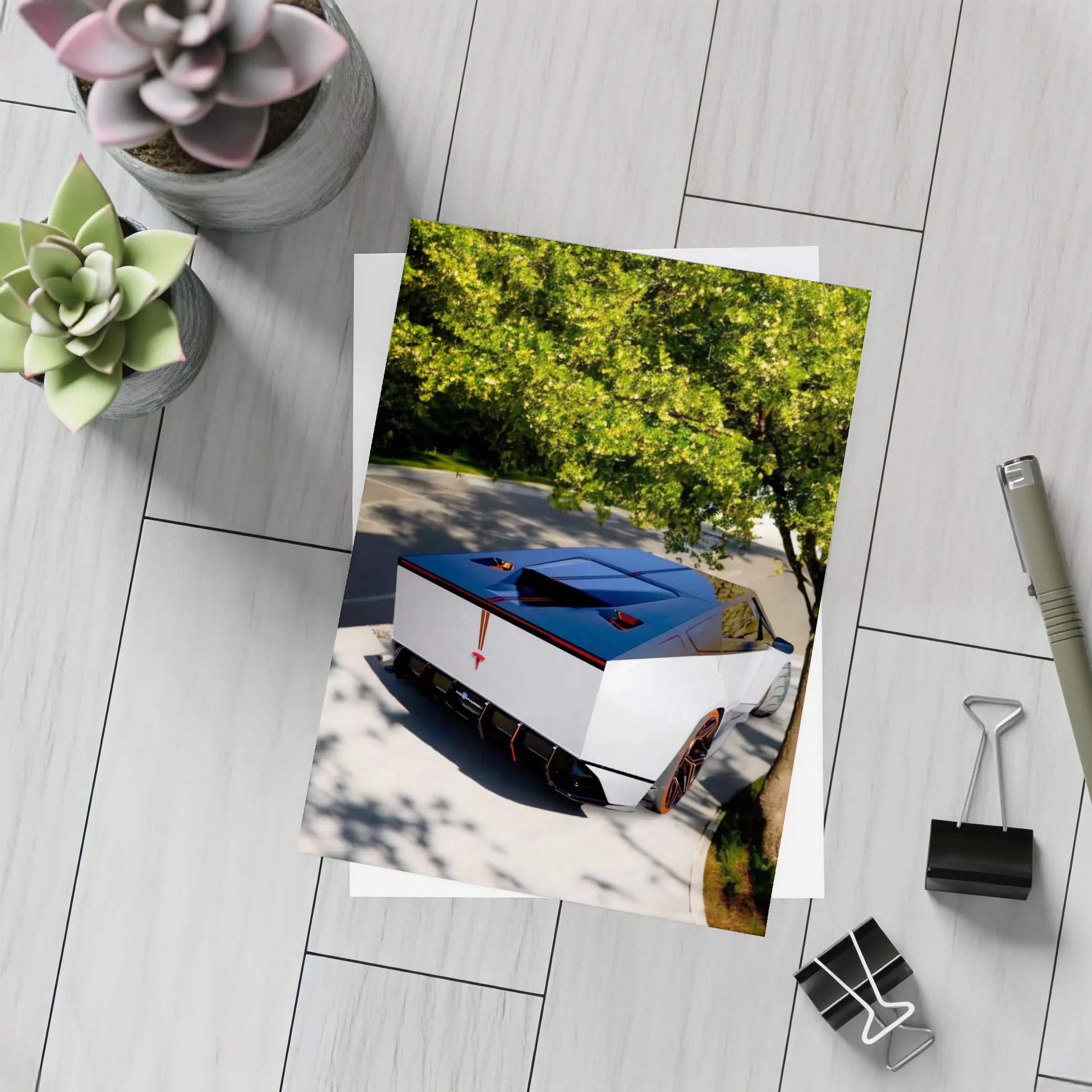 Tesla Cybertruck Parked Under Green Tree – Postcards