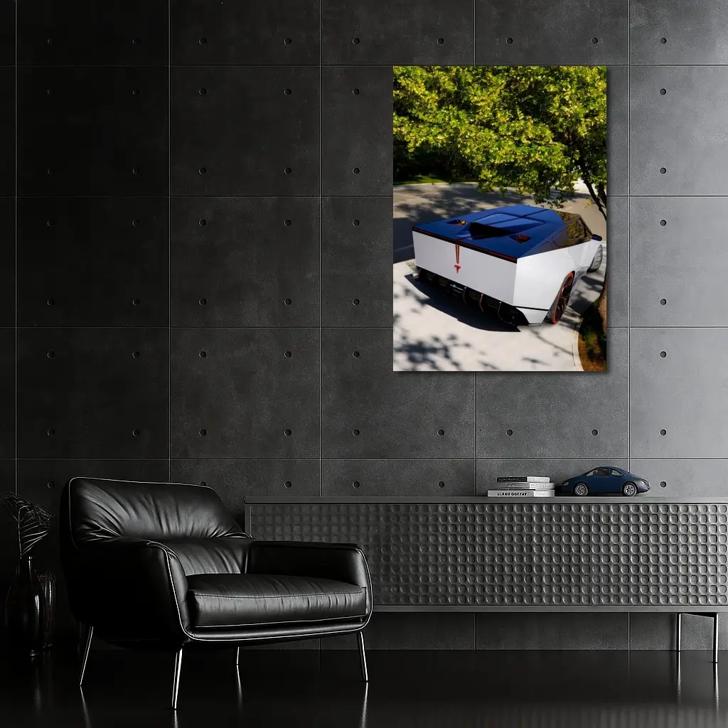 Tesla Cybertruck Parked Under Green Tree – Wall Art