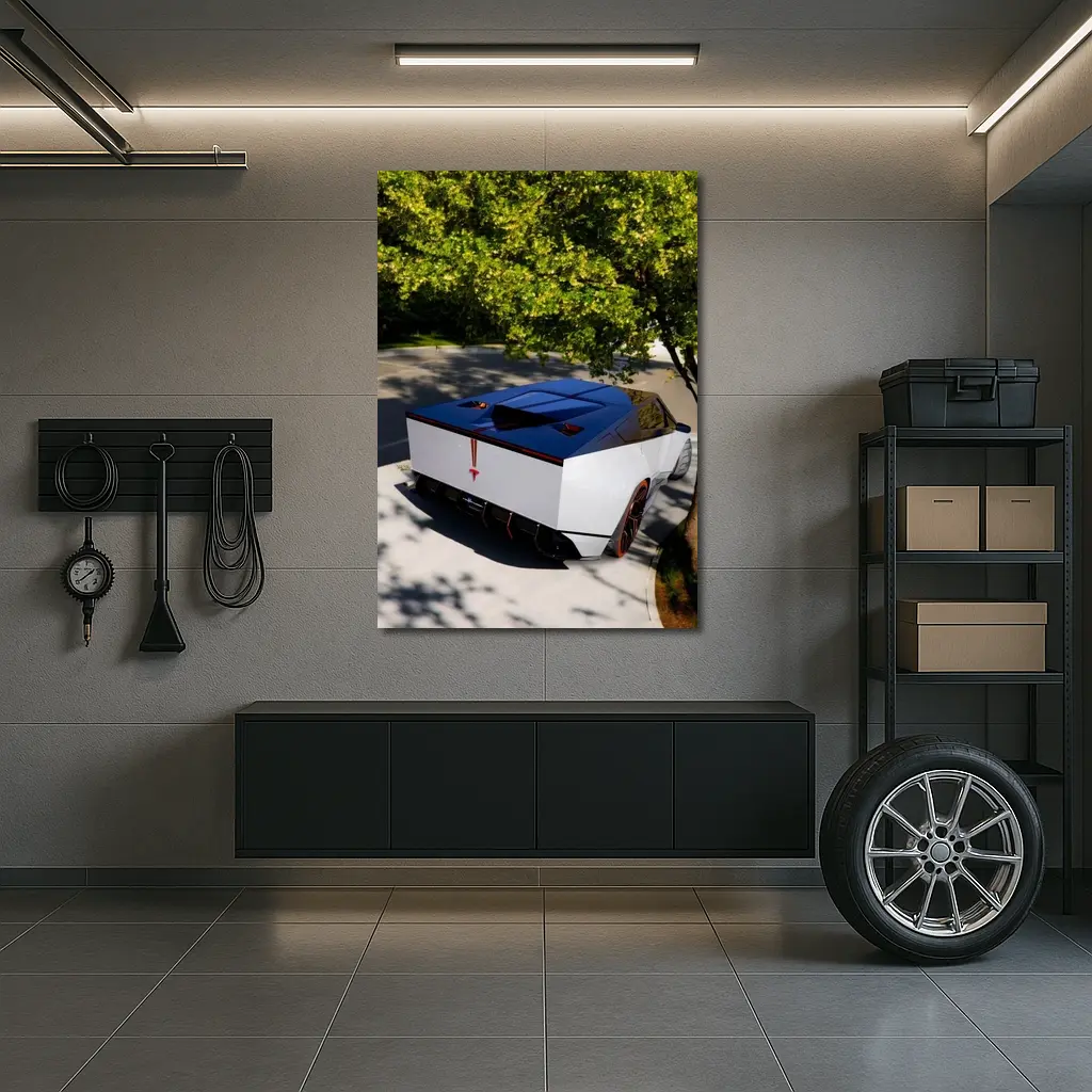 Tesla Cybertruck Parked Under Green Tree – Wall Art