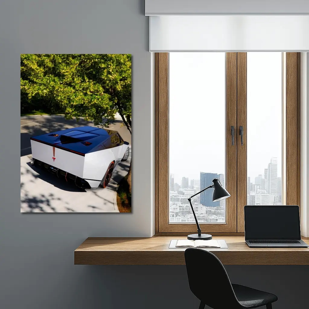 Tesla Cybertruck Parked Under Green Tree – Wall Art