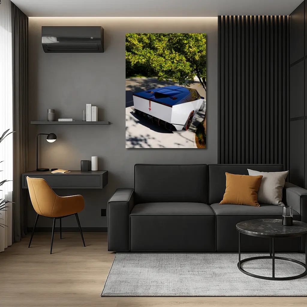 Tesla Cybertruck Parked Under Green Tree – Wall Art