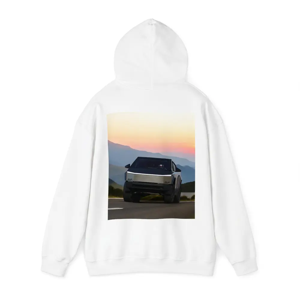 Tesla Cybertruck Driving Mountain Sunset Road – Hoodies