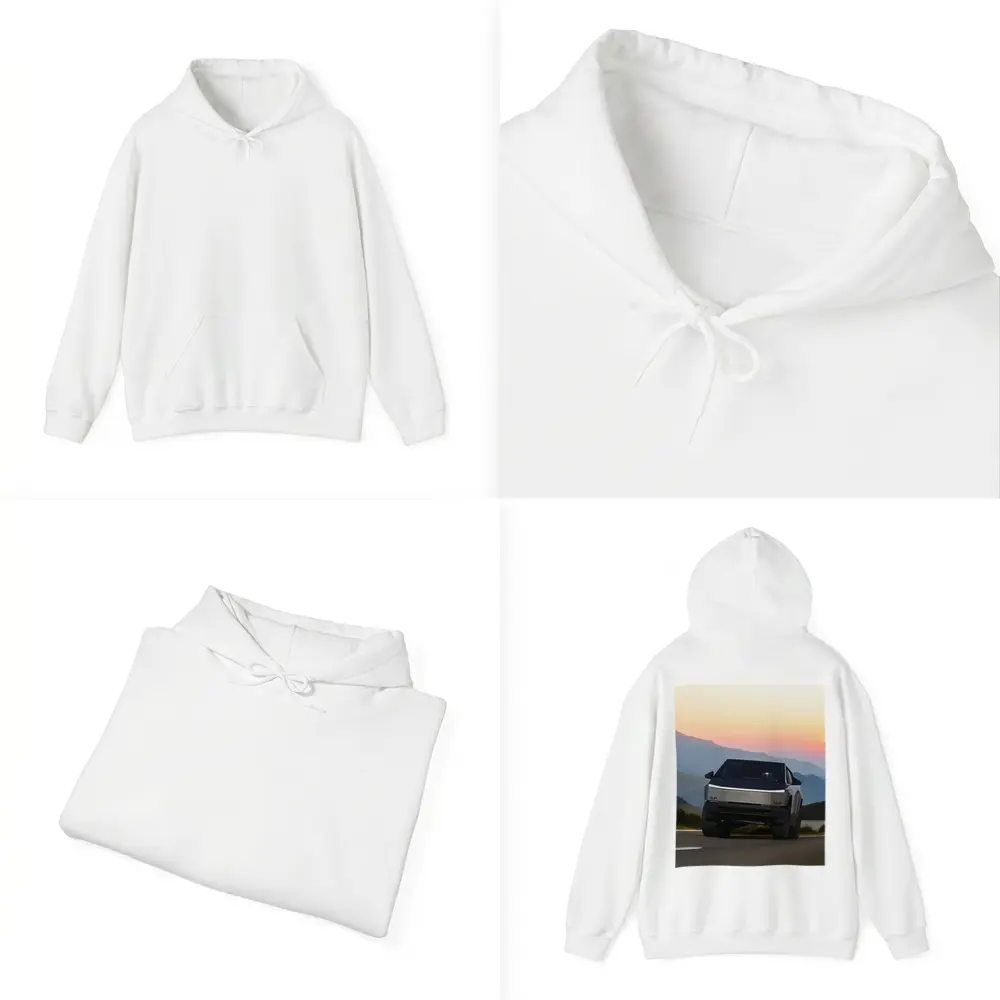 Tesla Cybertruck Driving Mountain Sunset Road – Hoodies