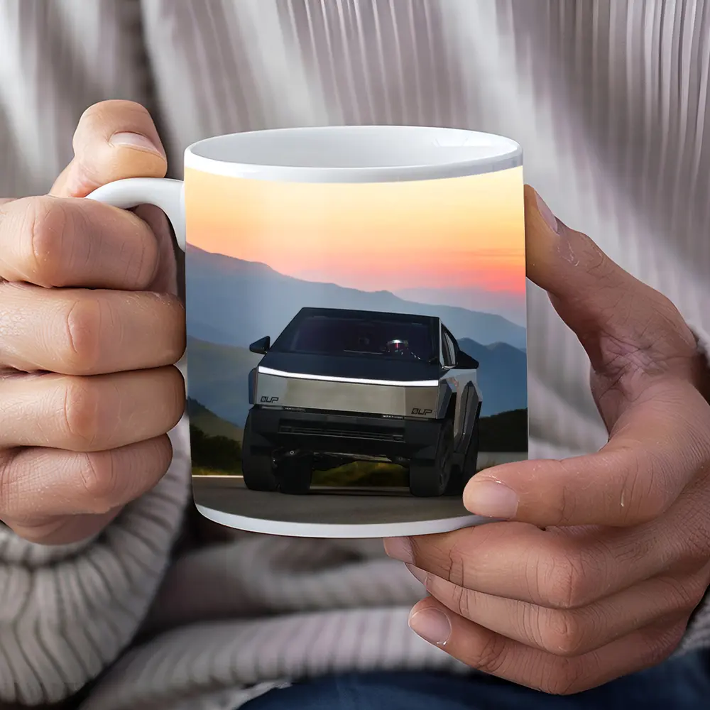 Tesla Cybertruck Driving Mountain Sunset Road – Mugs