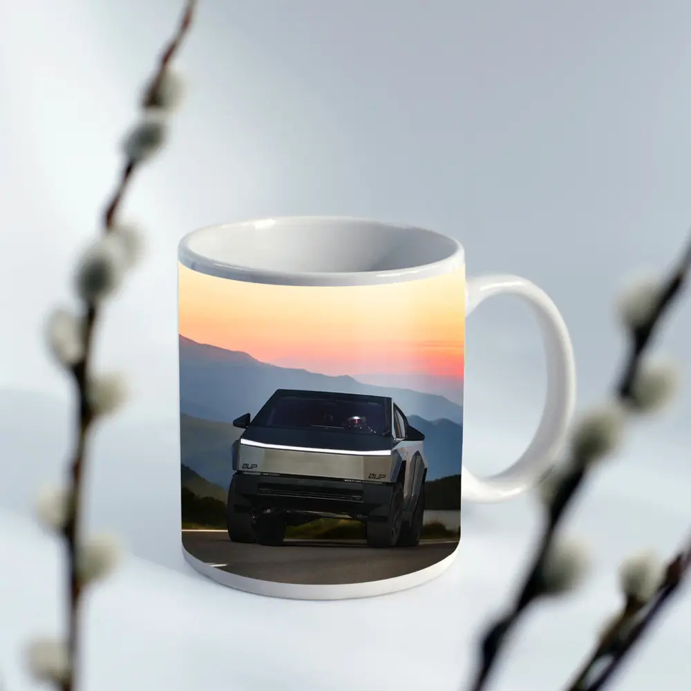 Tesla Cybertruck Driving Mountain Sunset Road – Mugs