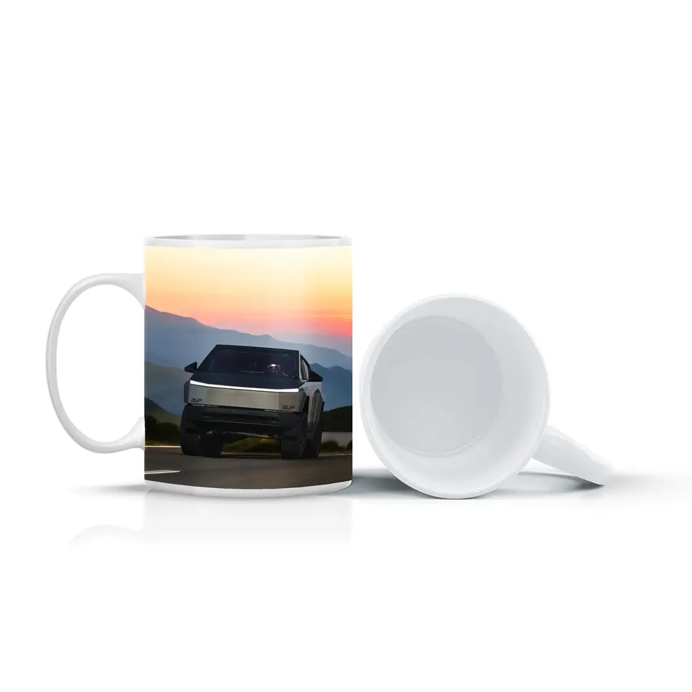 Tesla Cybertruck Driving Mountain Sunset Road – Mugs