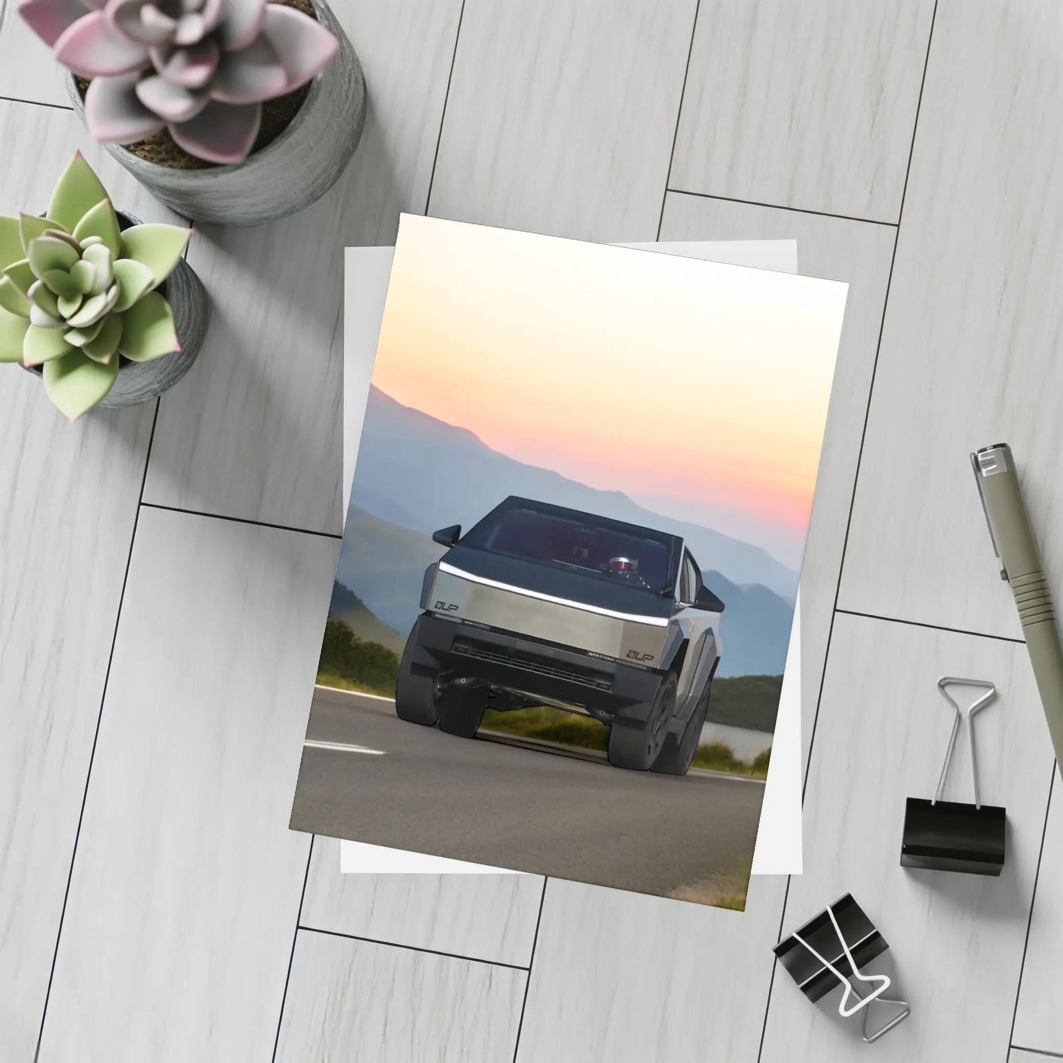 Tesla Cybertruck Driving Mountain Sunset Road – Postcards