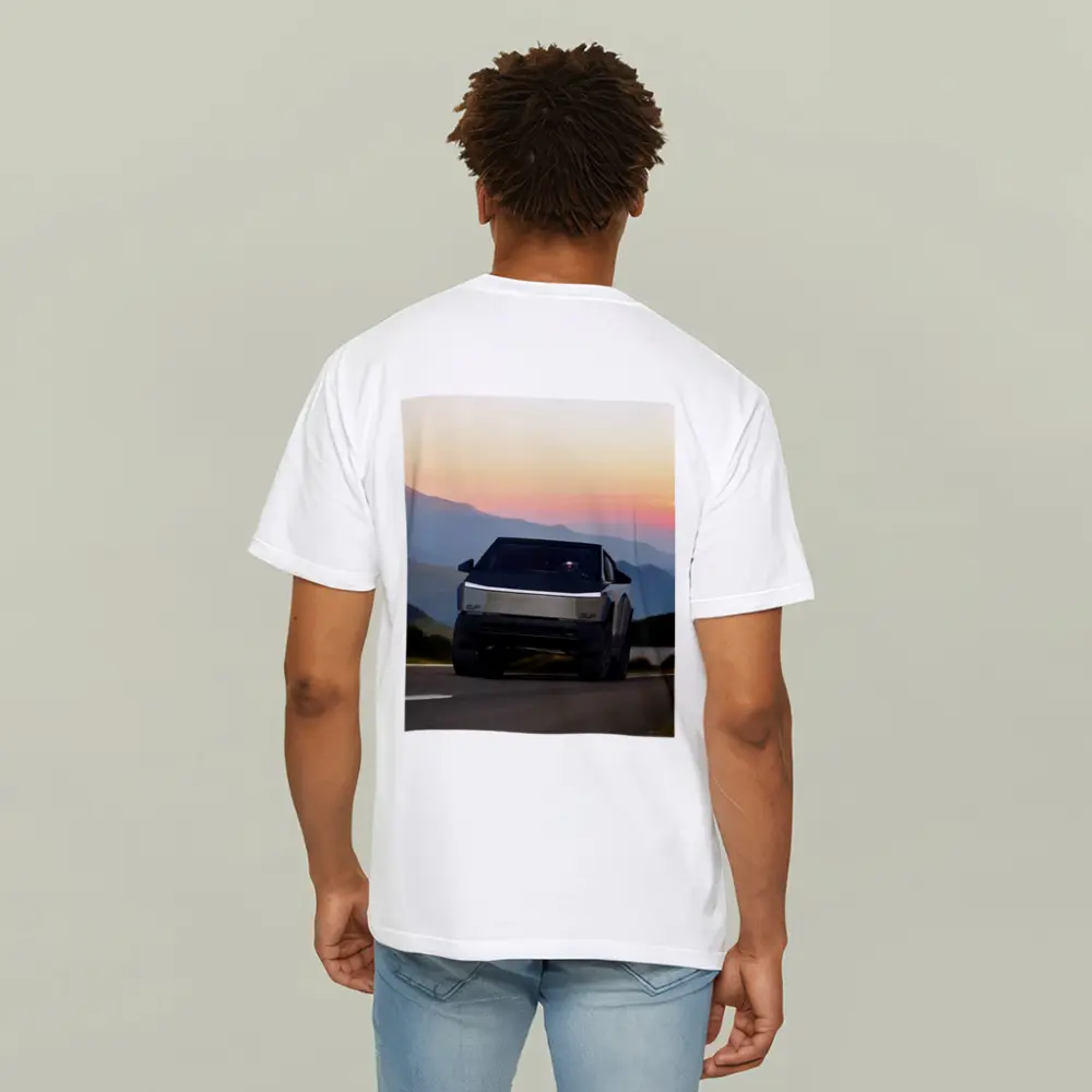 Tesla Cybertruck Driving Mountain Sunset Road – T-Shirts