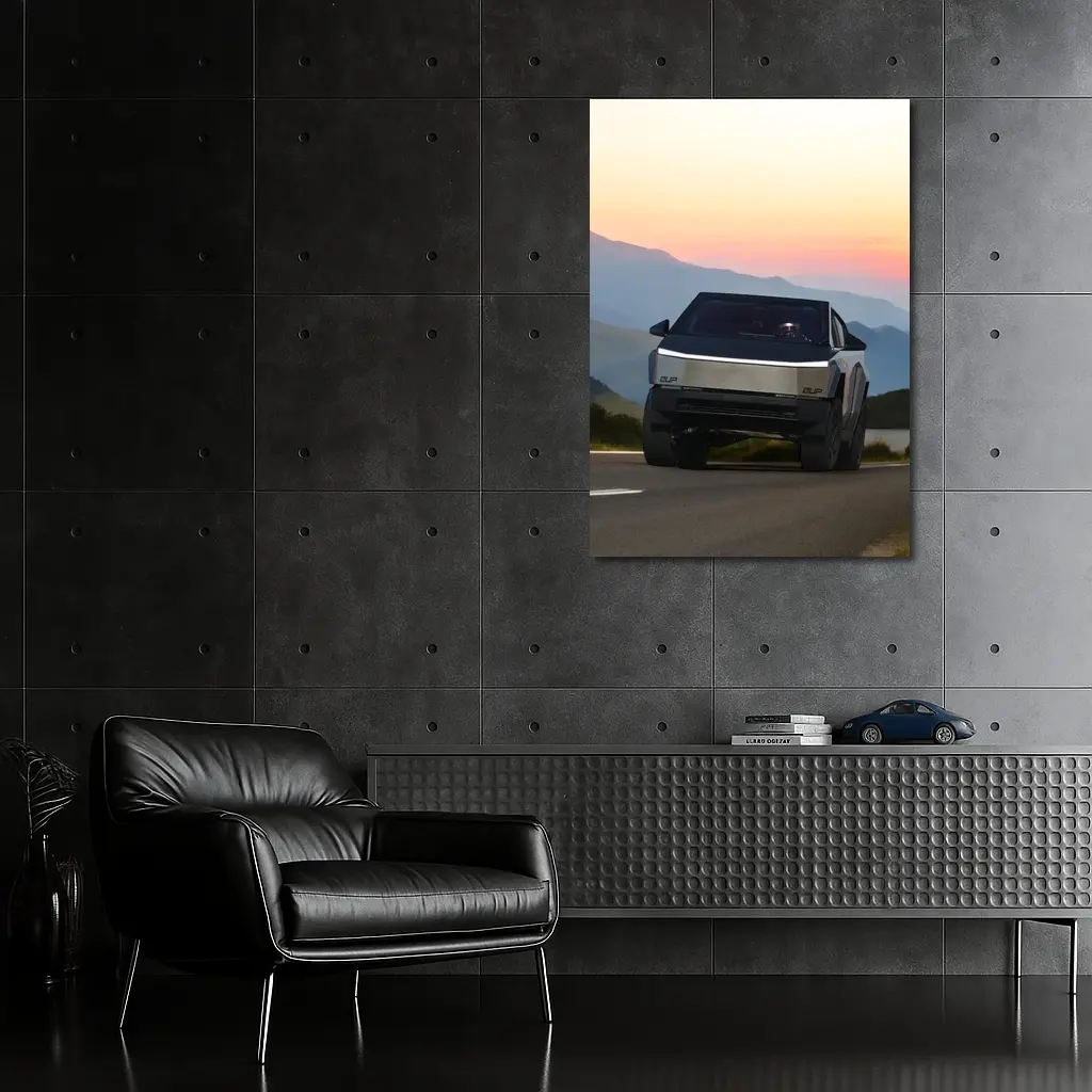 Tesla Cybertruck Driving Mountain Sunset Road – Wall Art