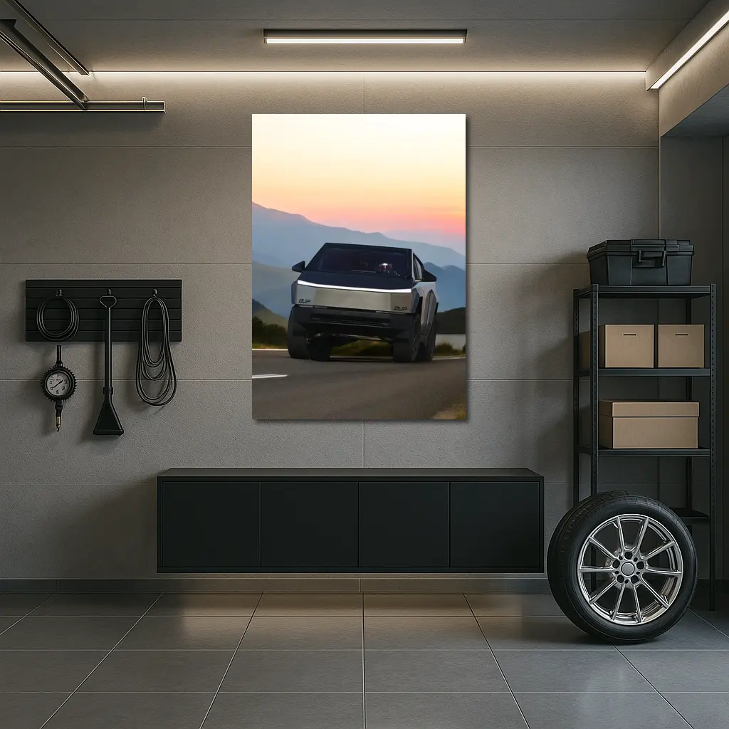 Tesla Cybertruck Driving Mountain Sunset Road – Wall Art
