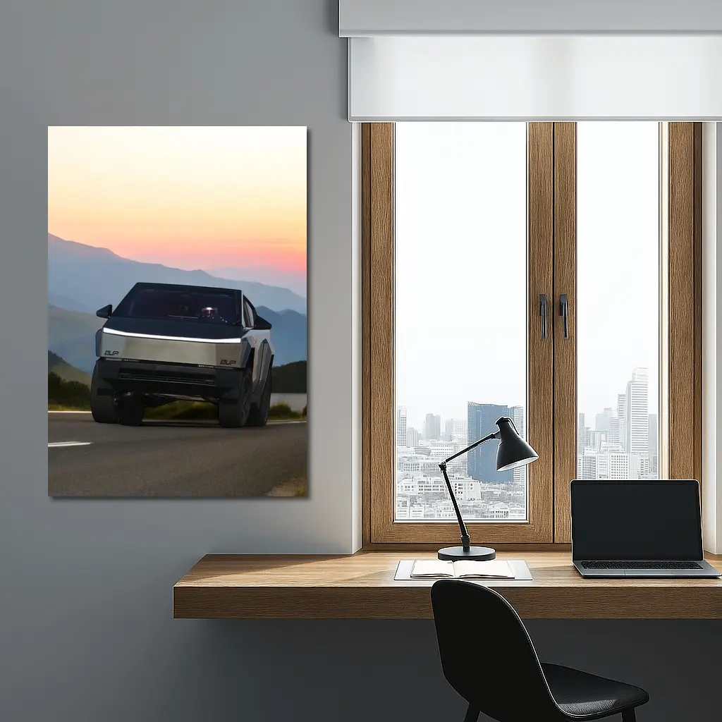 Tesla Cybertruck Driving Mountain Sunset Road – Wall Art