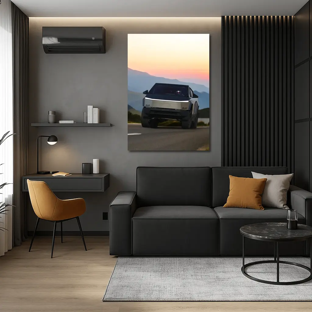 Tesla Cybertruck Driving Mountain Sunset Road – Wall Art