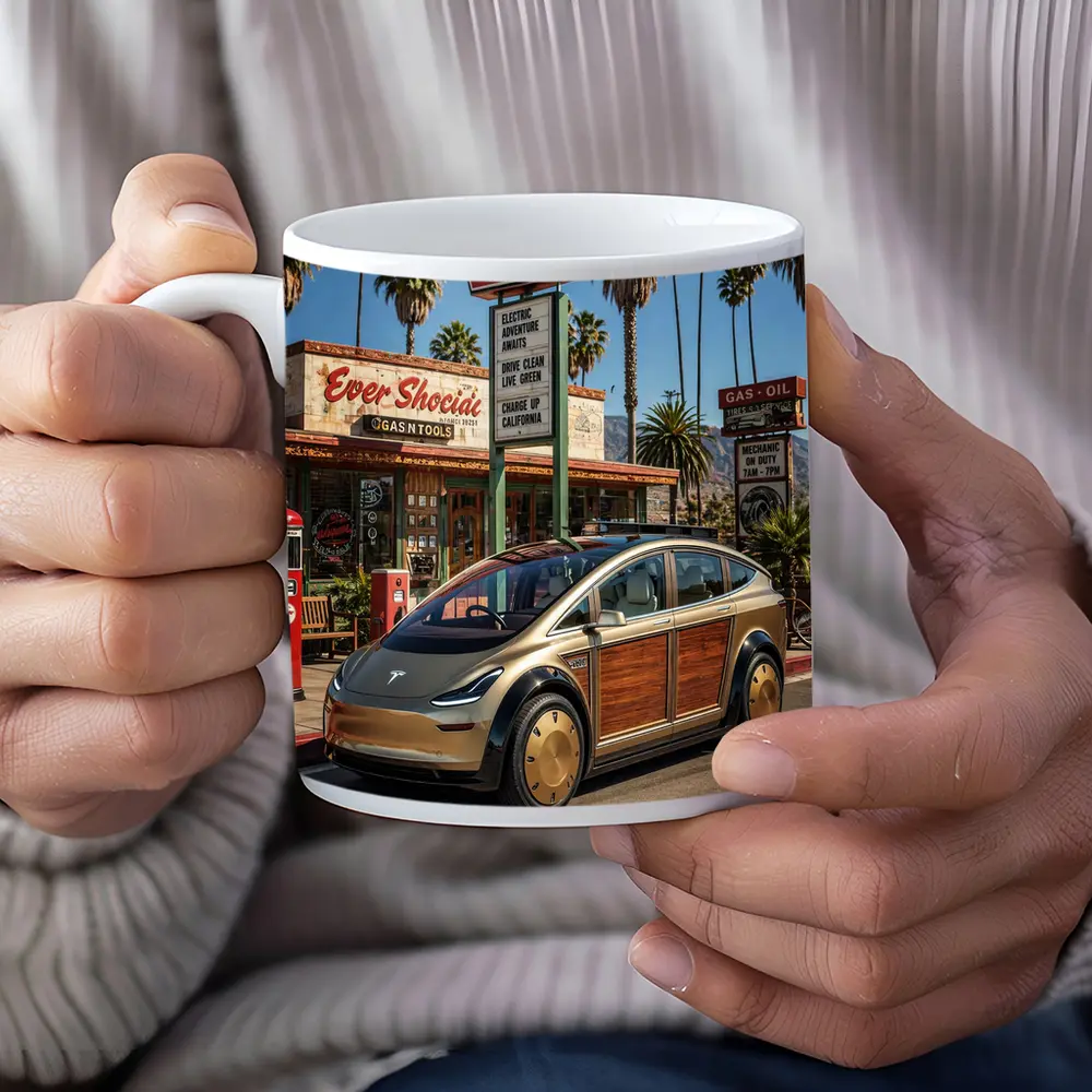 Tesla Woody Wagon Retro California Gas Station – Mugs