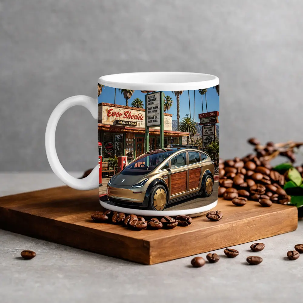 Tesla Woody Wagon Retro California Gas Station – Mugs