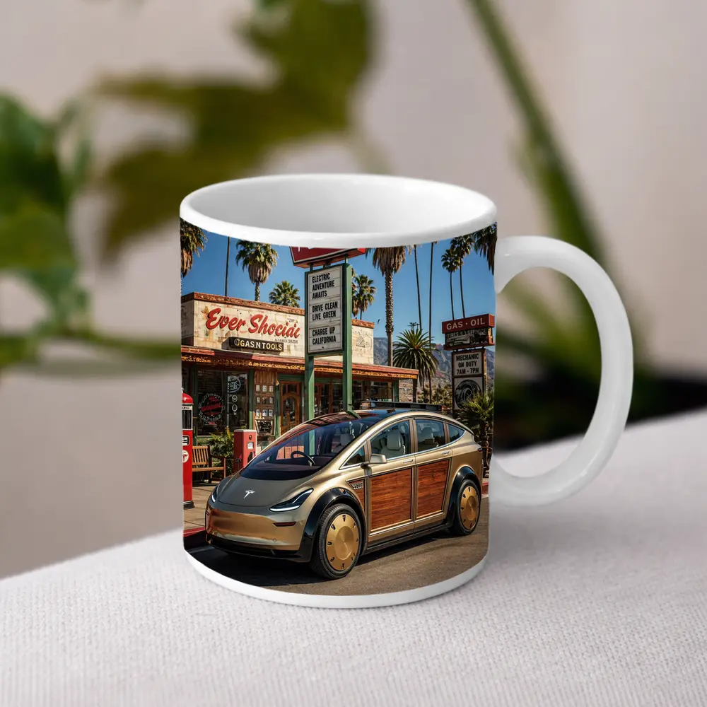 Tesla Woody Wagon Retro California Gas Station – Mugs
