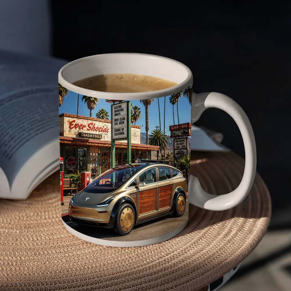 Tesla Woody Wagon Retro California Gas Station – Mugs