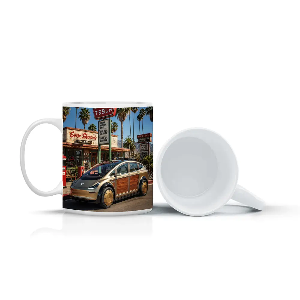 Tesla Woody Wagon Retro California Gas Station – Mugs