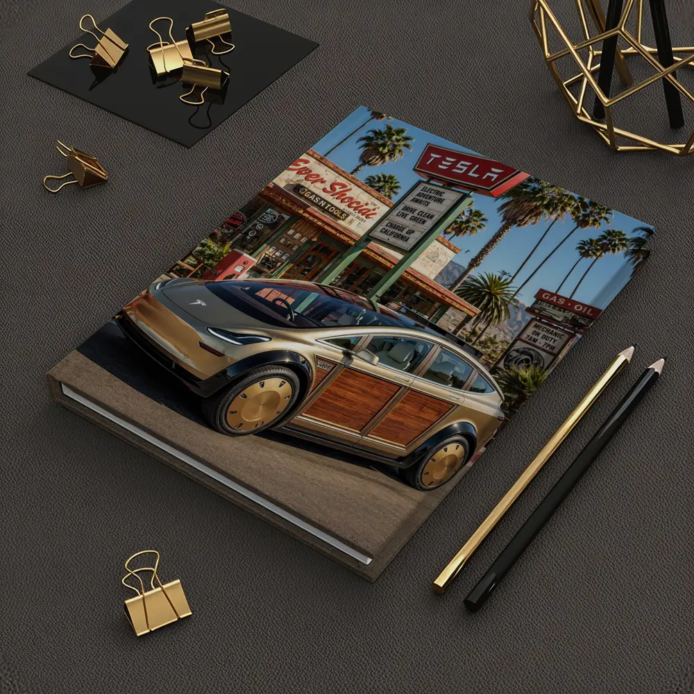 Tesla Woody Wagon Retro California Gas Station – Notebooks
