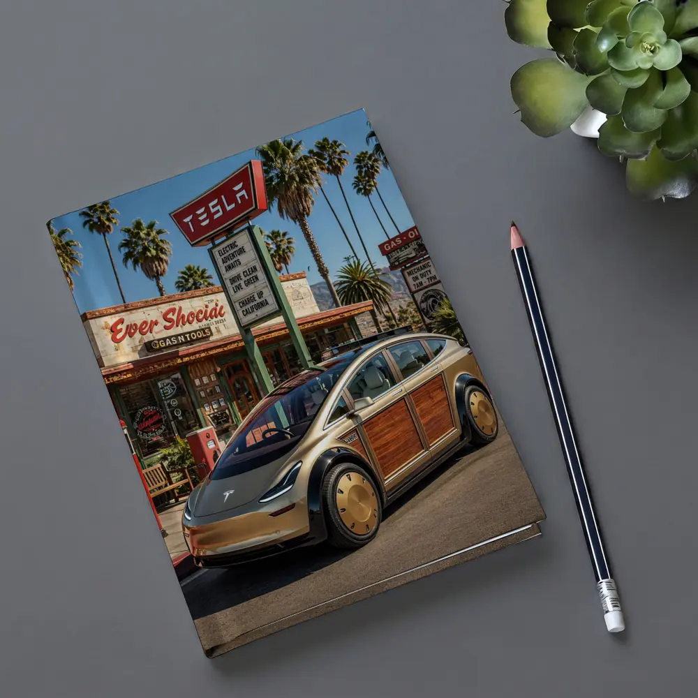 Tesla Woody Wagon Retro California Gas Station – Notebooks