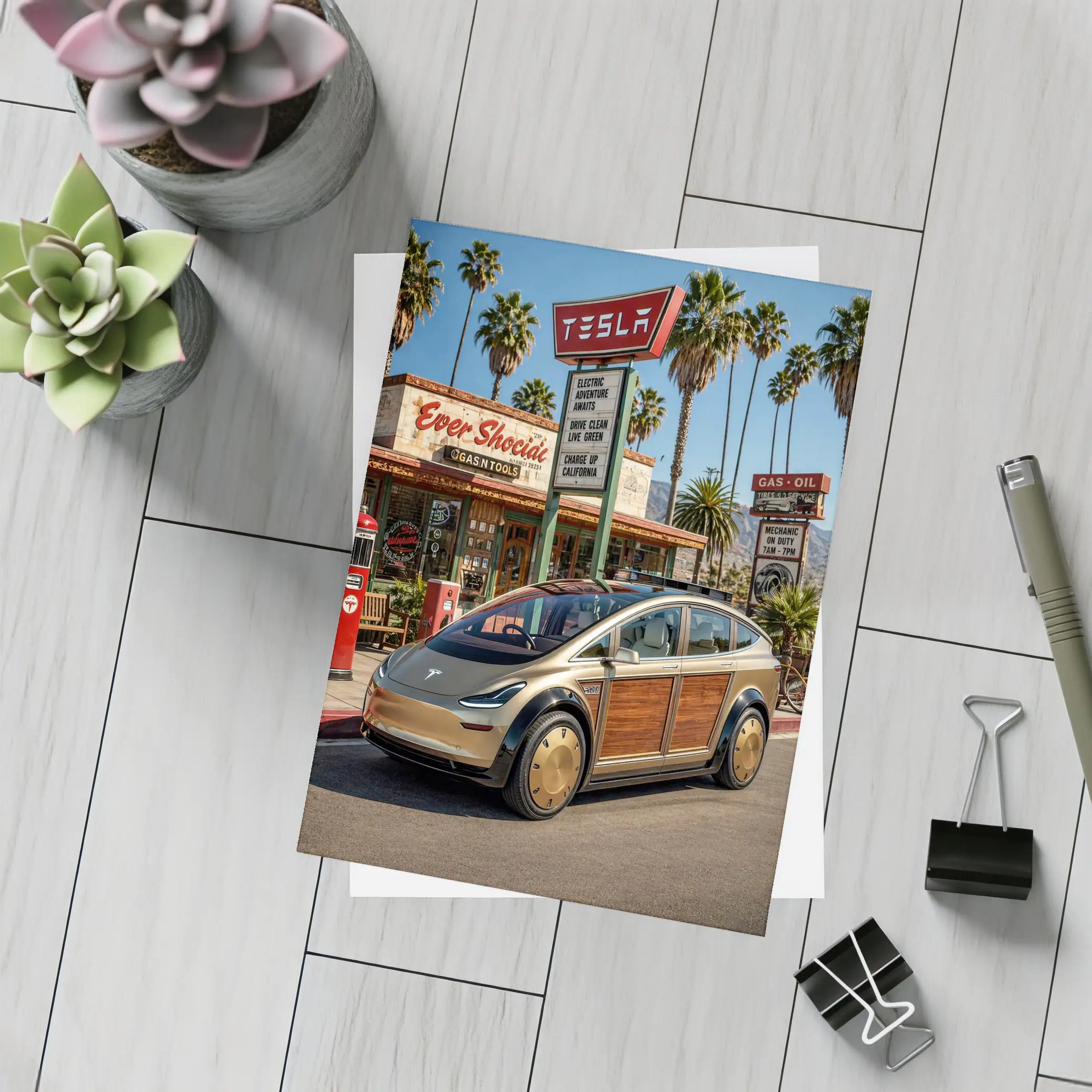 Tesla Woody Wagon Retro California Gas Station – Postcards