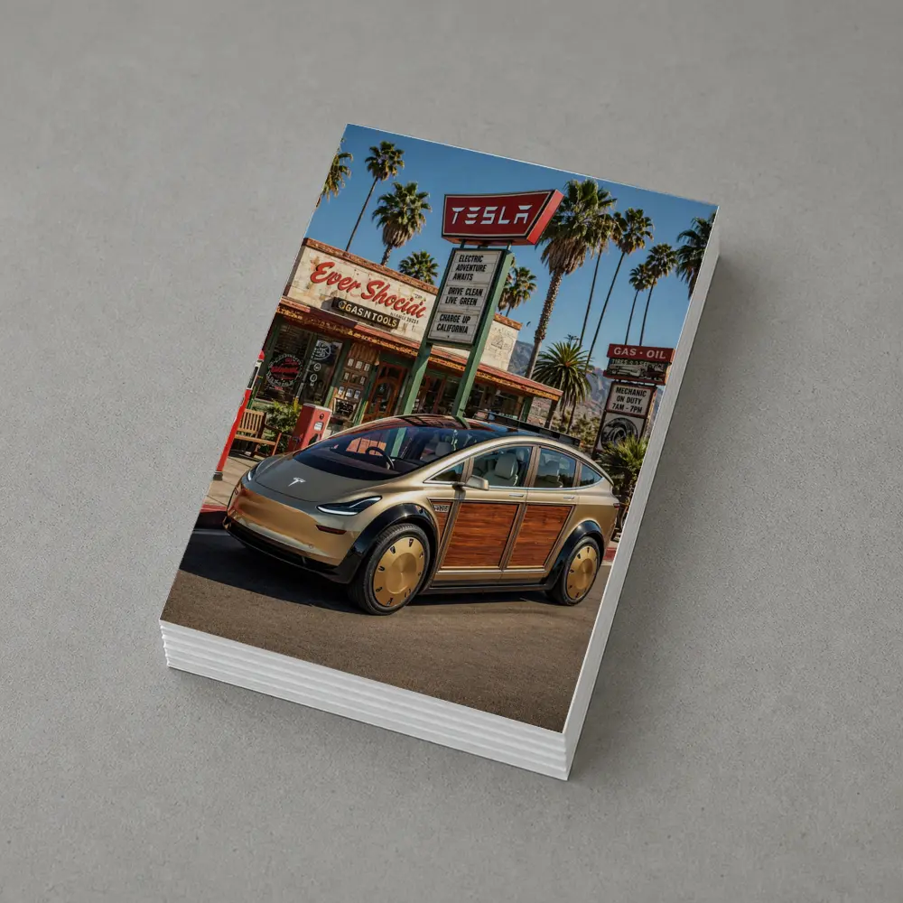 Tesla Woody Wagon Retro California Gas Station – Postcards