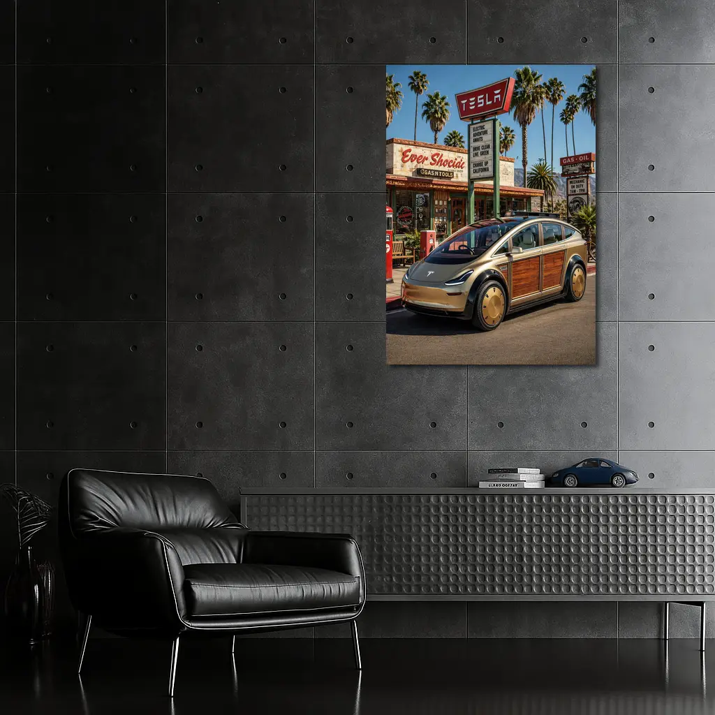Tesla Woody Wagon Retro California Gas Station – Wall Art