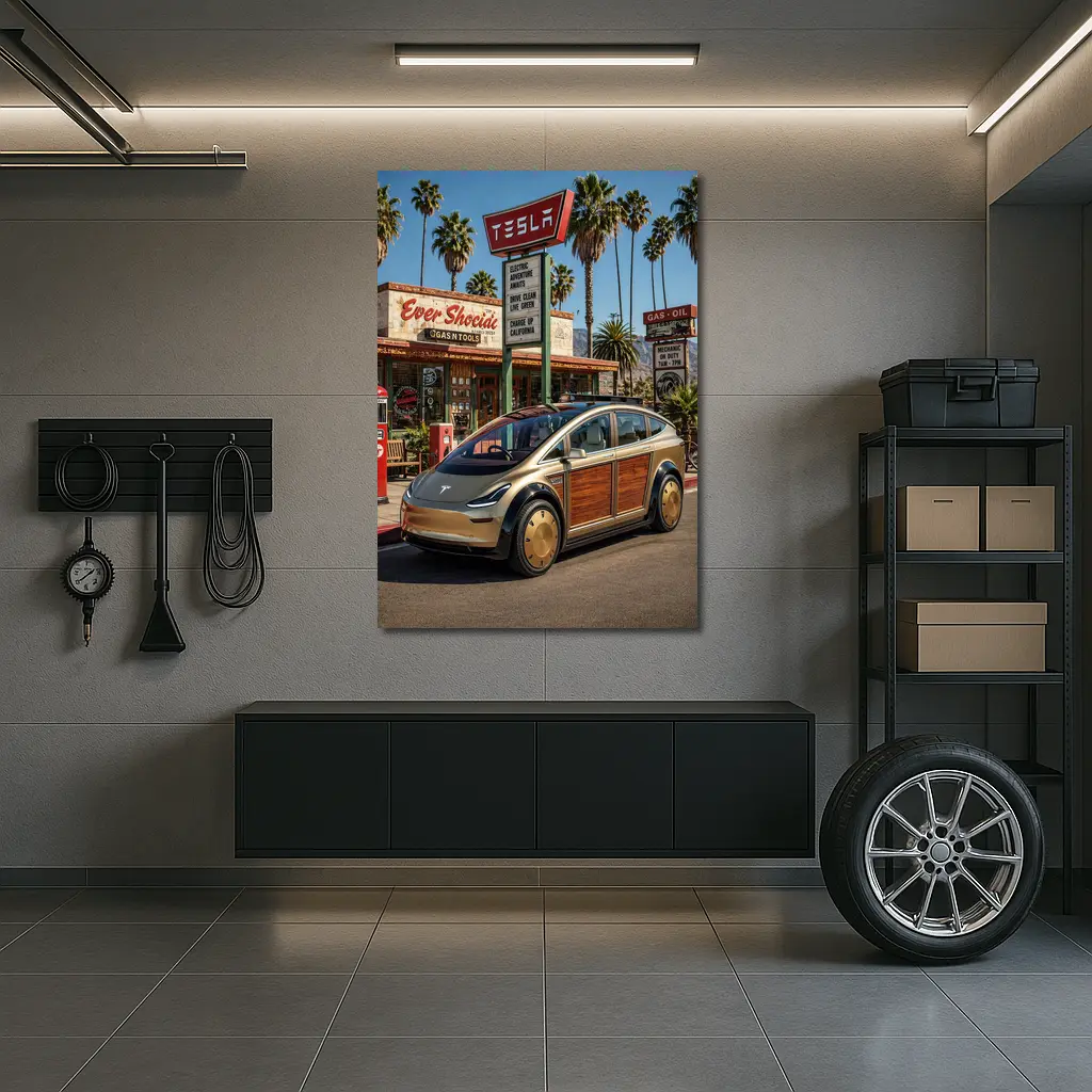 Tesla Woody Wagon Retro California Gas Station – Wall Art