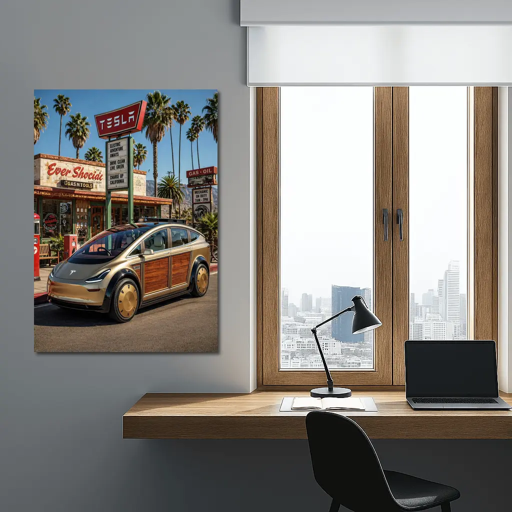 Tesla Woody Wagon Retro California Gas Station – Wall Art