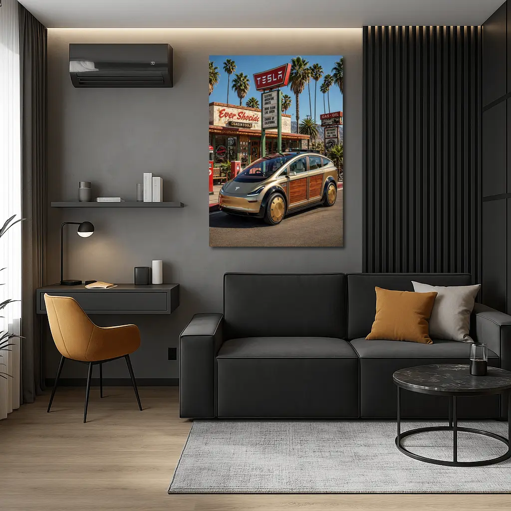 Tesla Woody Wagon Retro California Gas Station – Wall Art