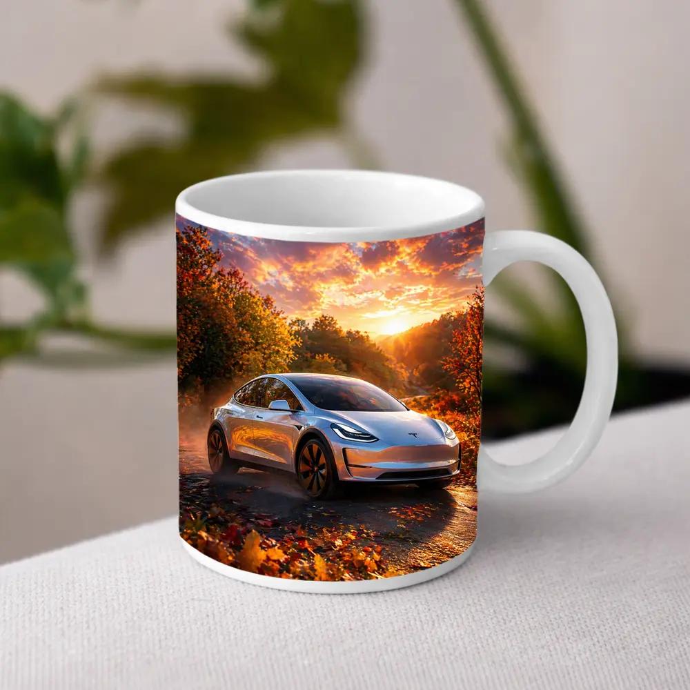 Tesla Model 3 Autumn Sunset Road Drive – Mugs