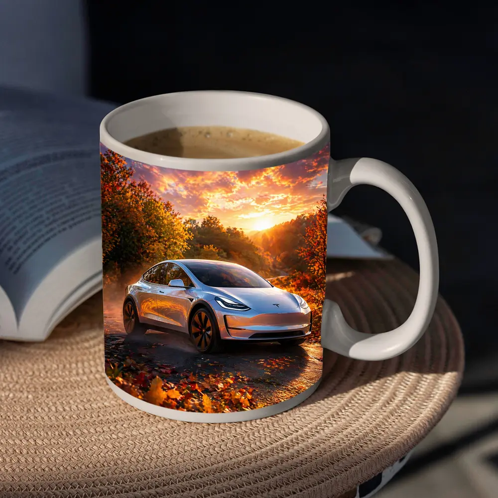 Tesla Model 3 Autumn Sunset Road Drive – Mugs