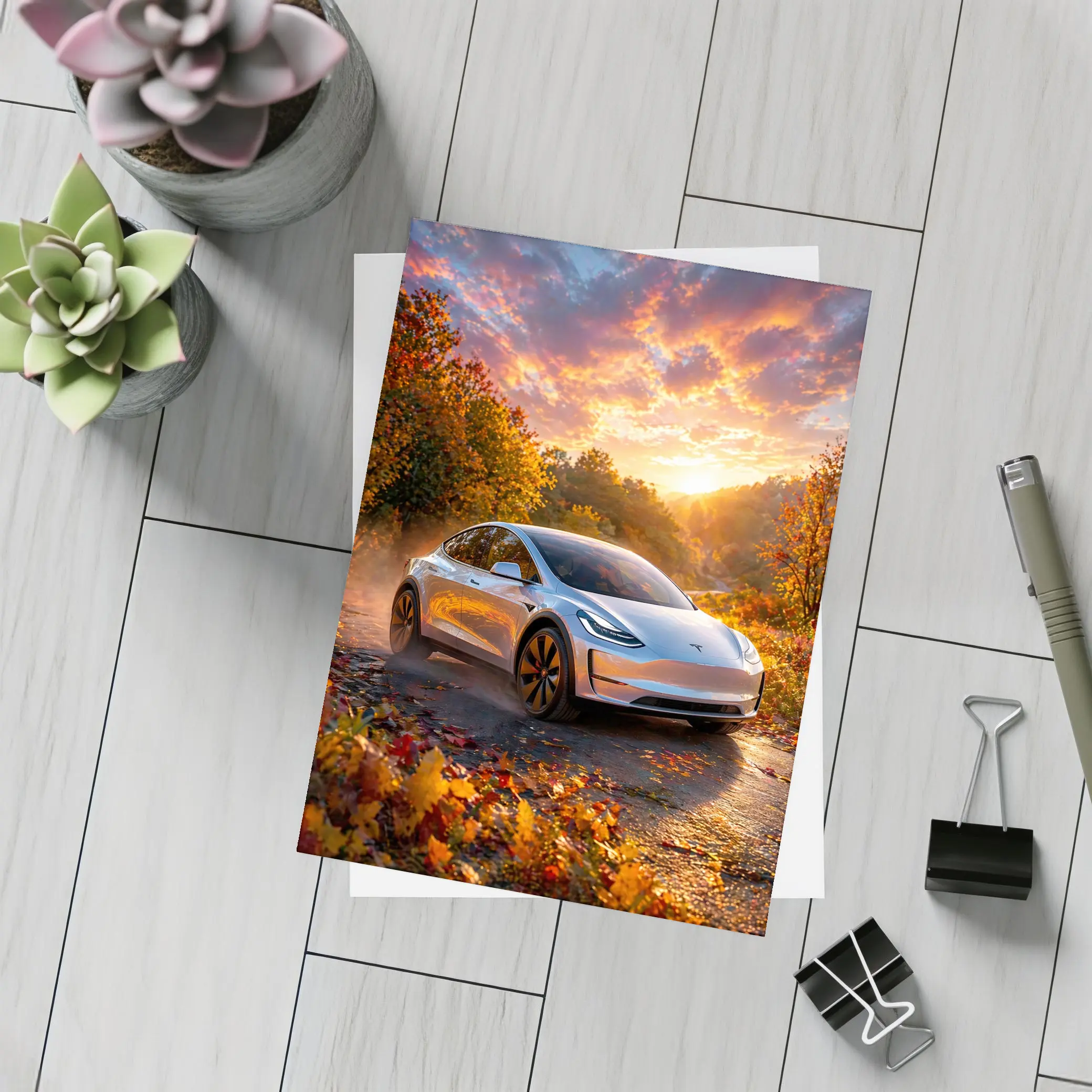 Tesla Model 3 Autumn Sunset Road Drive – Postcards