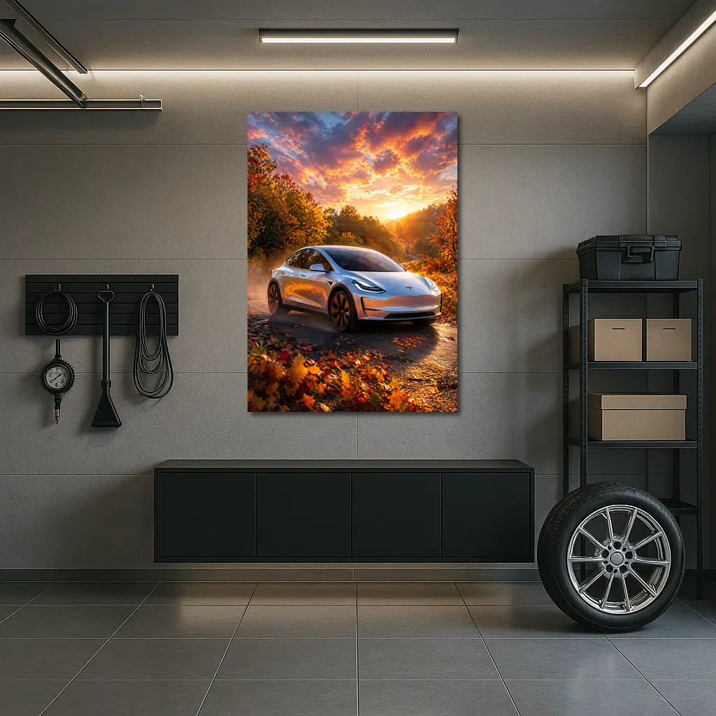 Tesla Model 3 Autumn Sunset Road Drive – Wall Art