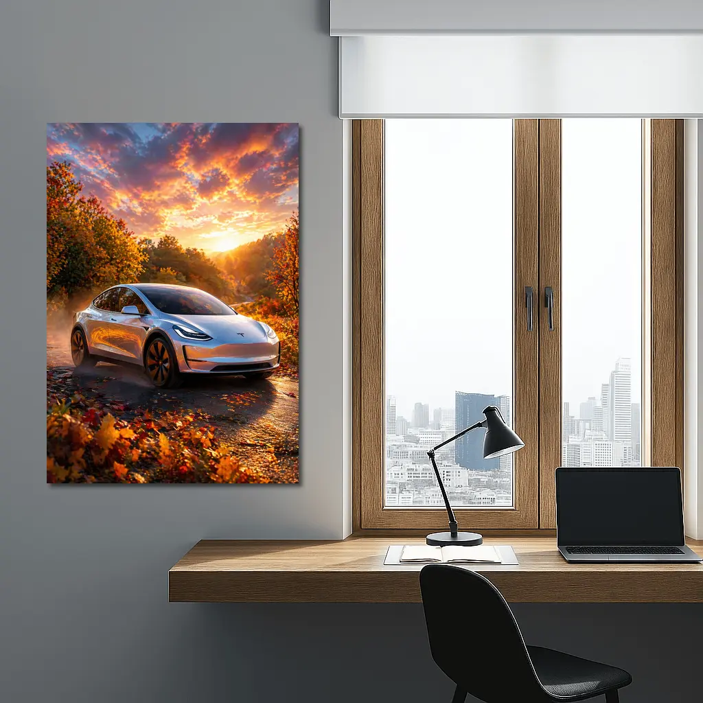 Tesla Model 3 Autumn Sunset Road Drive – Wall Art
