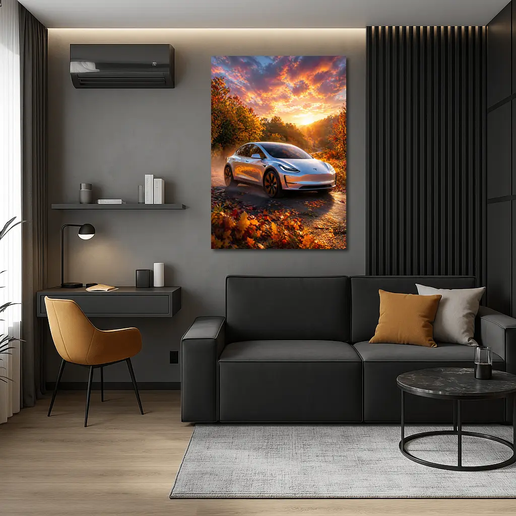 Tesla Model 3 Autumn Sunset Road Drive – Wall Art