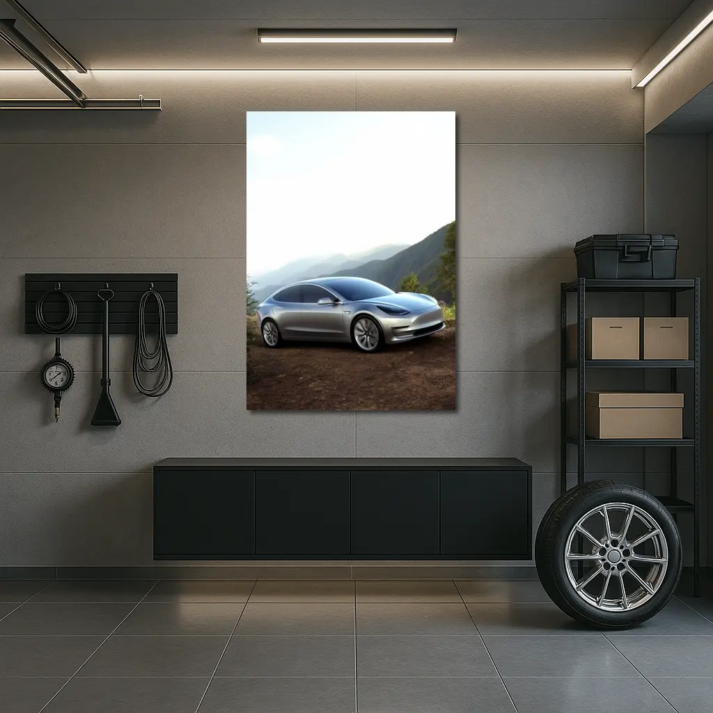 Tesla Model 3 Silver Mountain Scenic View – Wall Art