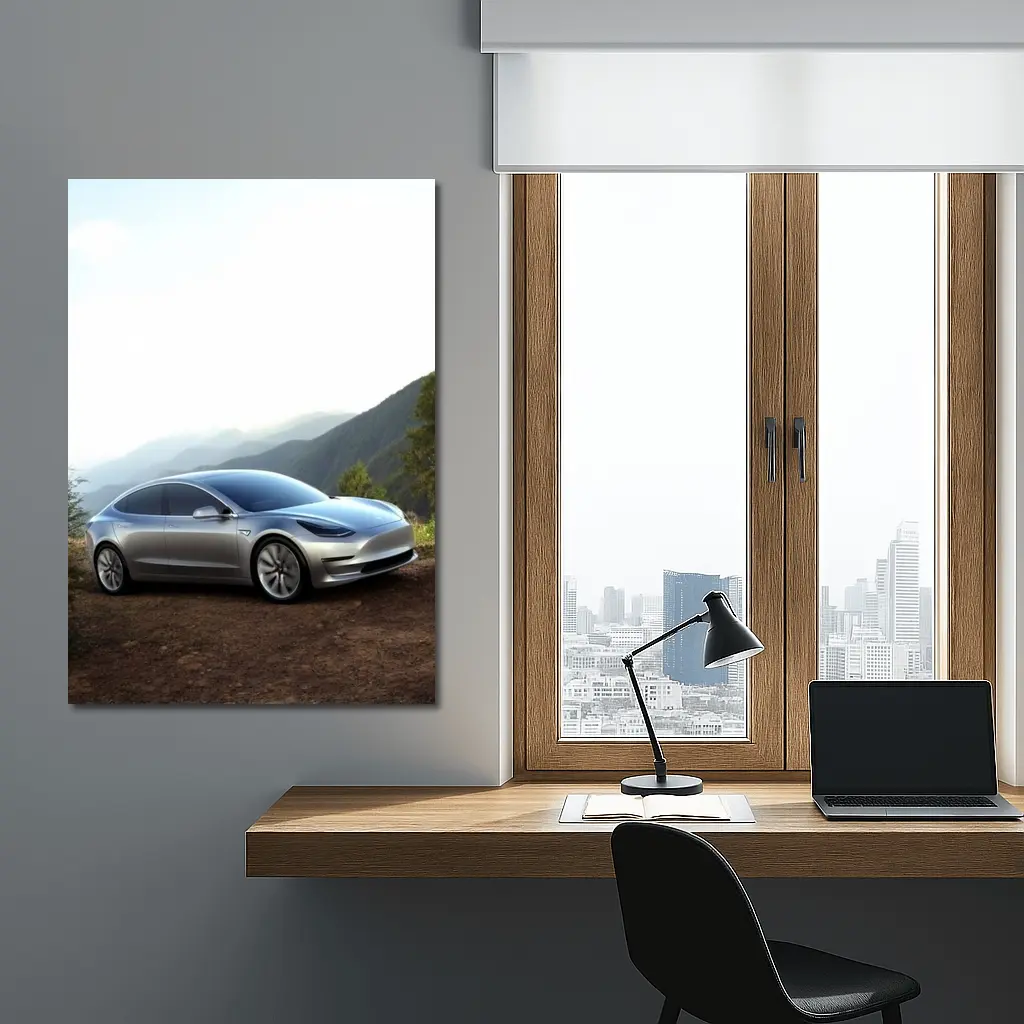 Tesla Model 3 Silver Mountain Scenic View – Wall Art