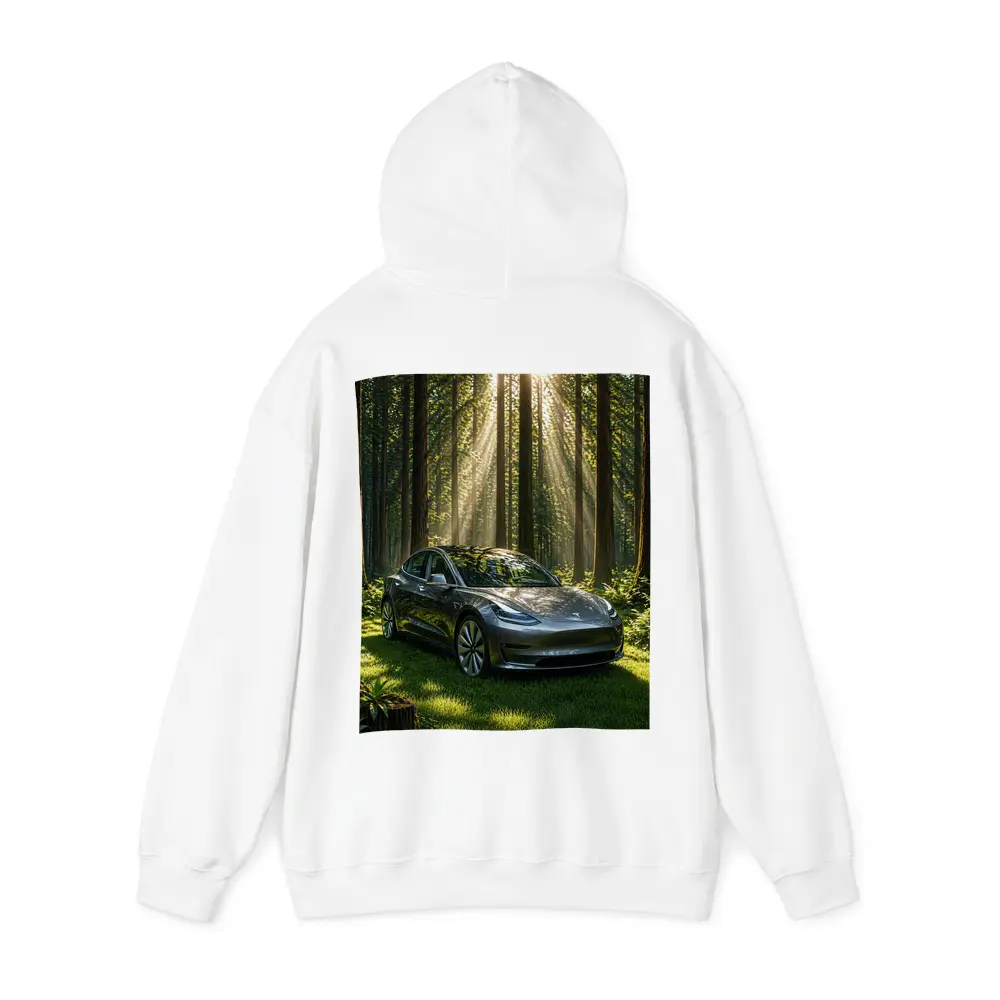 Tesla Model 3 Parked In Sunlit Forest – Hoodies