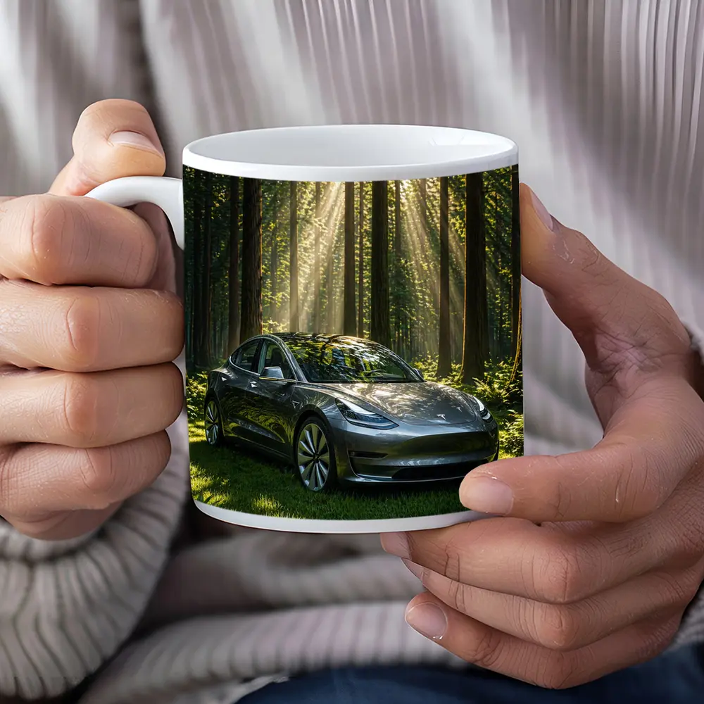 Tesla Model 3 Parked In Sunlit Forest – Mugs