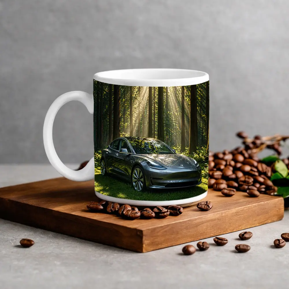 Tesla Model 3 Parked In Sunlit Forest – Mugs