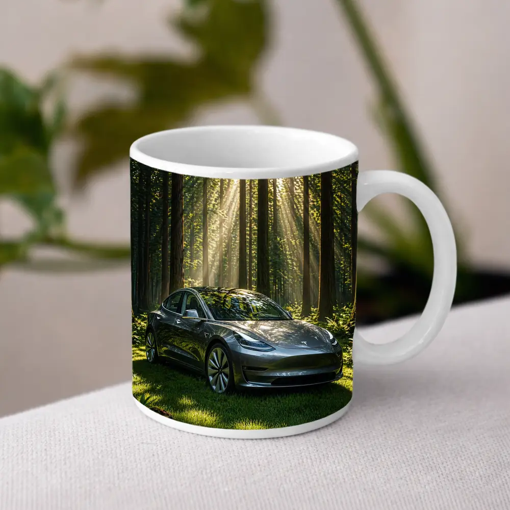 Tesla Model 3 Parked In Sunlit Forest – Mugs