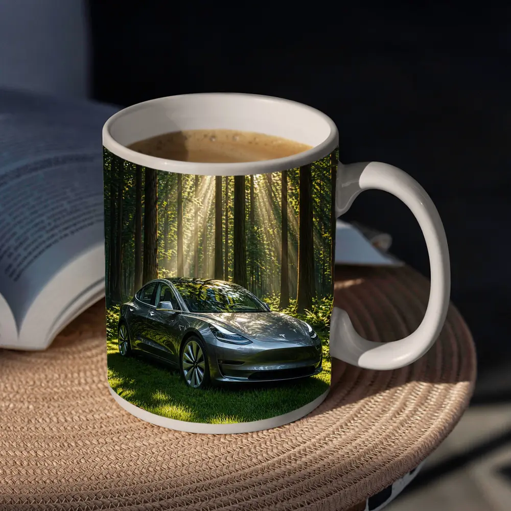 Tesla Model 3 Parked In Sunlit Forest – Mugs