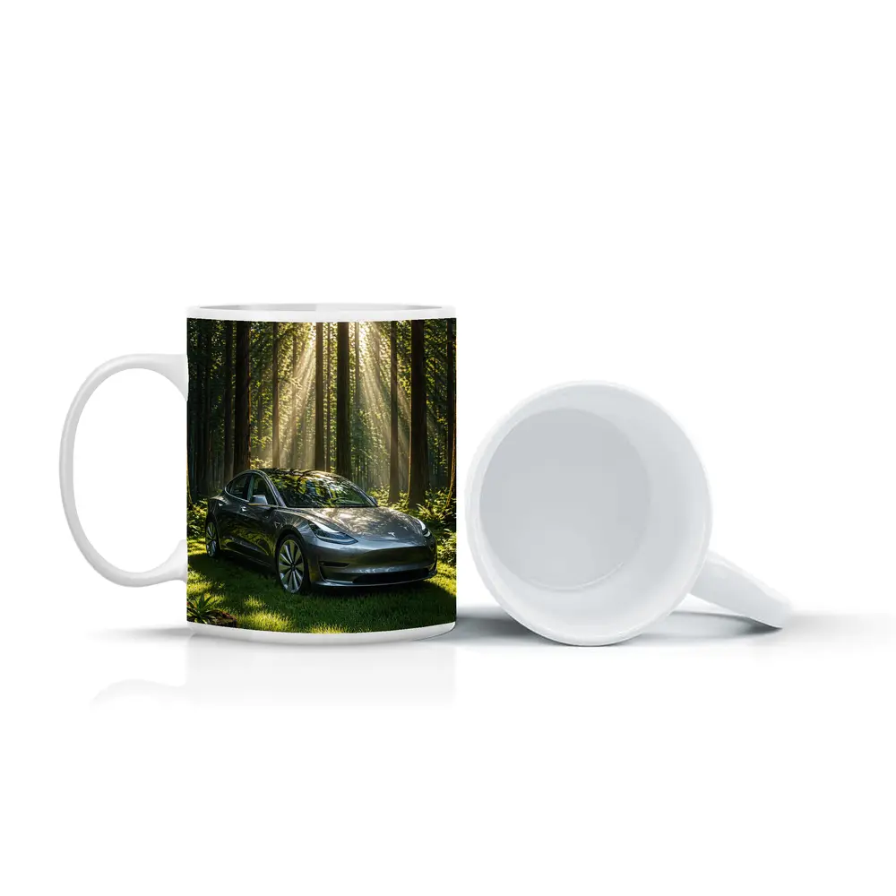 Tesla Model 3 Parked In Sunlit Forest – Mugs