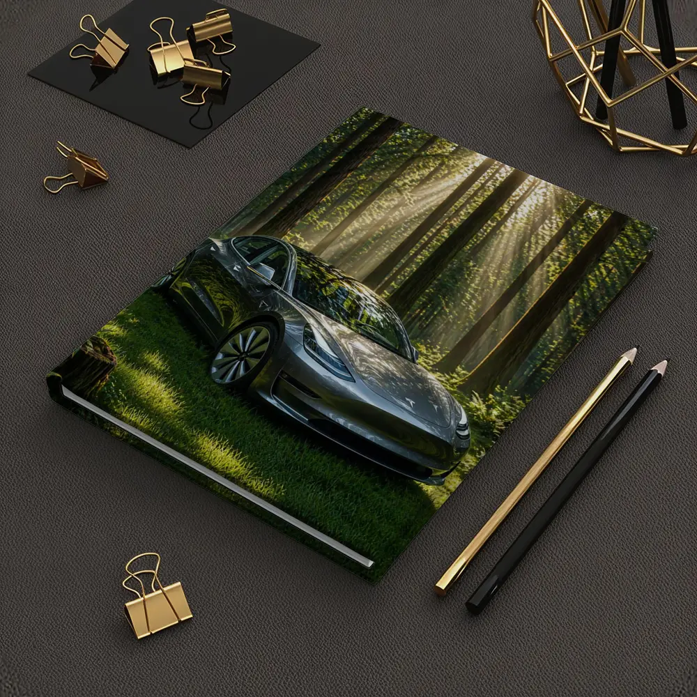 Tesla Model 3 Parked In Sunlit Forest – Notebooks