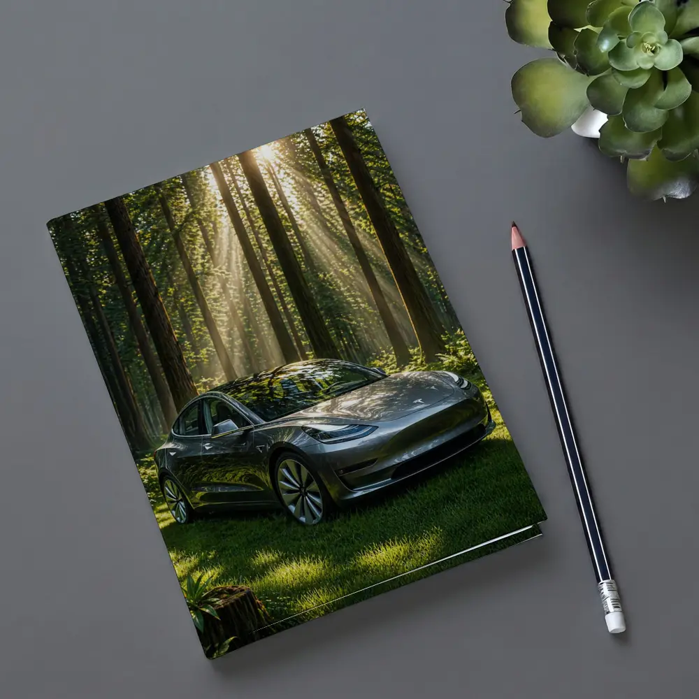 Tesla Model 3 Parked In Sunlit Forest – Notebooks